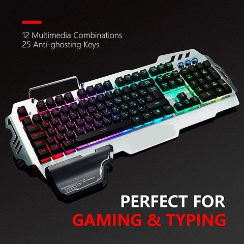 Full Size Mechanical Keyboard And Mouse Combo With Rgb Gaming Backlighting, tactile switches, detachable wrist rest, ideal for gaming and typing.