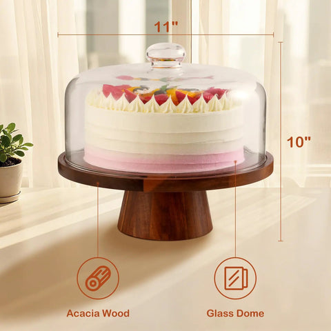 Acacia Wood Cake Stand With Glass Lid, 12 Inch Magnetic Base And Detachable Serving Tray For Cake Cheese Charcuterie Snacks And Desserts, Slick Wooden Centerpiece For Parties And Kitchen Display showing a cake under a glass dome.