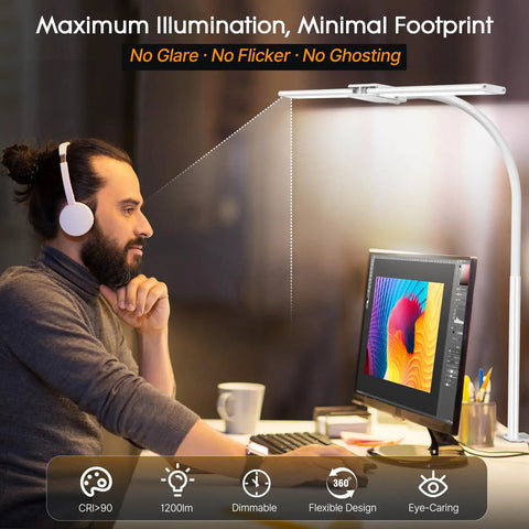 LED Clamp Desk Lamp With Gooseneck illuminating a home office, highlighting its flexible design for drafting and reading.