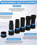 Workhorse 20 Foot Wet Dry Shop Vac Hose With 6 Adapters showing ribbed TPE nozzle, quick-connect clips, and air-relief valve