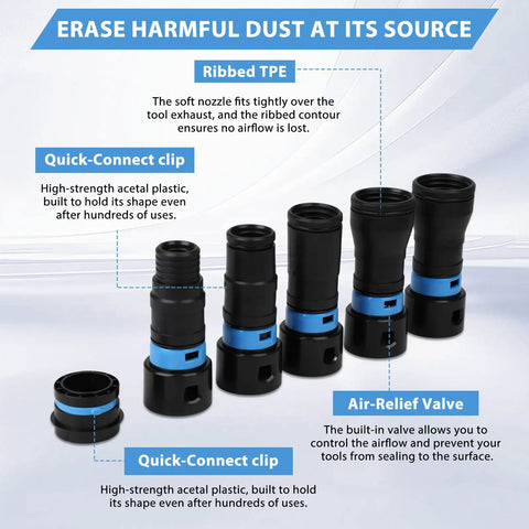 Workhorse 20 Foot Wet Dry Shop Vac Hose With 6 Adapters showing ribbed TPE nozzle, quick-connect clips, and air-relief valve