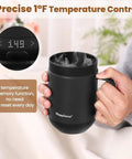 Top Shelf Self Heating Coffee Mug With Precise One Degree Temperature Control Smart Cup in black, showcasing steam and temperature display.
