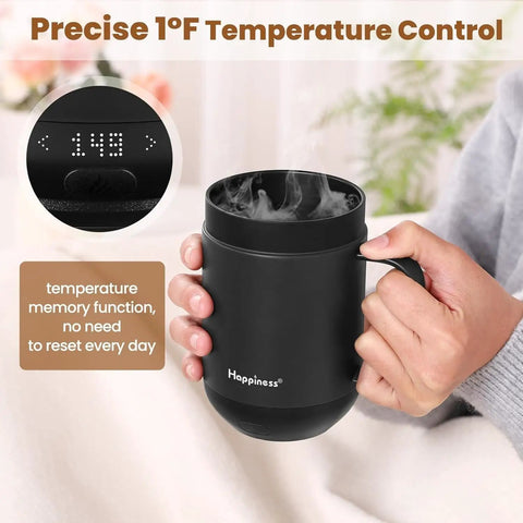 Top Shelf Self Heating Coffee Mug With Precise One Degree Temperature Control Smart Cup in black, showcasing steam and temperature display.