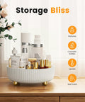 Keep Your Counter Totally On Point With This Compact White 360 Rotating Lazy Susan Makeup Trunk Smart Bathroom Storage Rack For Perfumes And Favorites That Always Stays Within Reach, featuring perfume and cosmetic bottles.