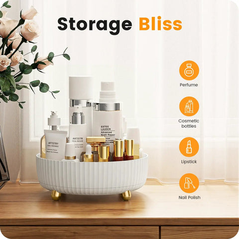 Keep Your Counter Totally On Point With This Compact White 360 Rotating Lazy Susan Makeup Trunk Smart Bathroom Storage Rack For Perfumes And Favorites That Always Stays Within Reach, featuring perfume and cosmetic bottles.