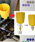 All In One Hydraulic Brake Bleed Kit With 120ml Mineral Oil, Funnel, Syringes And Adapters For MTB And Road Disc Brakes, Easy At Home Maintenance For Multiple Popular Brand Systems showing yellow funnel attached to bike handlebar.