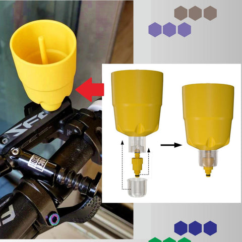 All In One Hydraulic Brake Bleed Kit With 120ml Mineral Oil, Funnel, Syringes And Adapters For MTB And Road Disc Brakes, Easy At Home Maintenance For Multiple Popular Brand Systems showing yellow funnel attached to bike handlebar.
