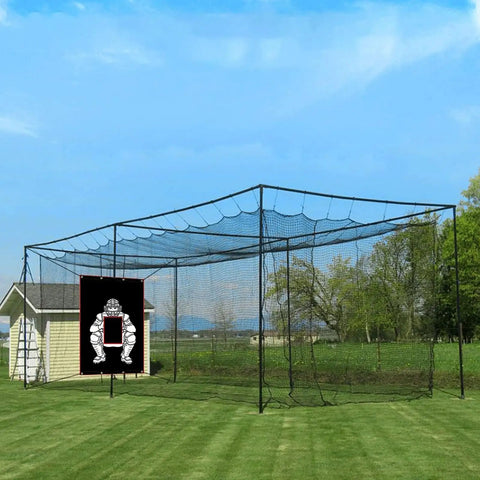 Outdoor baseball cage with Heavy Duty Weatherproof Baseball Backstop For Batting Cages High Visibility Target Square visible.