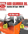 Oil filling instructions for 48 Inch Stone Burying Reverse Rotation Rotary Tiller with 3 Point Hitch Cat 1, note warning labels.