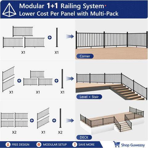 Modular 1+1 railing system setup for corner, level, and deck using 2x2x39 inch modular aluminum deck post and railing kit.