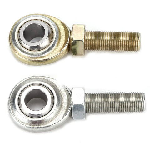 Beefy Stainless Steel Rod Ends And Heim Joints Pair Featuring Half Inch Bore And Adjusted Male Threads designed for steering suspension builds, showing dual finish.