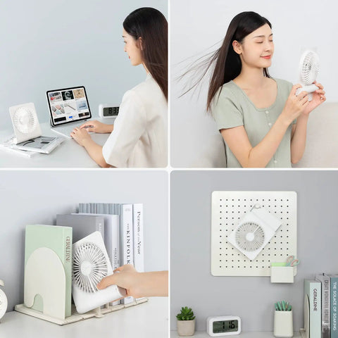 Compact USB Rechargeable Desk Fan With 4500mAh Battery Folding Design on desk and shelving