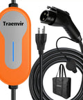 Road Ready Portable Ev Charger Level 1 And 2 With 20 Foot Cord 16 Amp J1772 Plug showing orange unit and black charging cable.