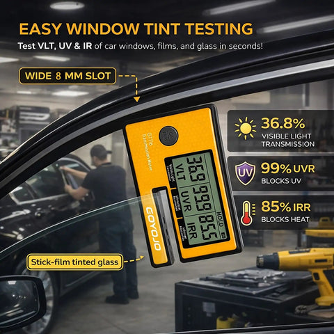 3 In 1 Tint Meter For Car Windows Pro Digital Solar Film Tester With UV IR Transmission And Light Transmittance Auto Calibration Fits Side Windows And Film Samples Stay Legal Window Film Testing For Auto Shops on car side window