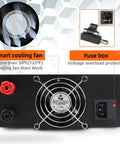 Back view of High Power Bench Power Supply 30V 30A 900W With Encoder Knob And Output Switch, showing cooling fan and fuse box details.