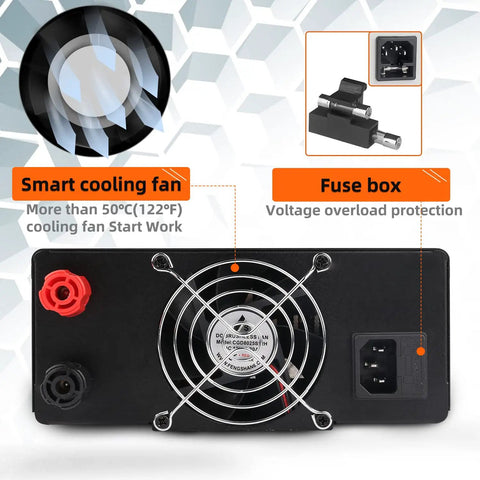 Beefy 600W Benchtop DC Power Supply 0 to 60V 0 to 10A with Encoder Knob and Output Switch High Power Adjustable Switching Regulated Bench Power Supply for Repair and Testing with 4 Digit Backlit Display rear view with cooling fan and fuse box