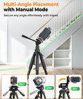 360 Degree Laser Level Self Leveling Kit With 56 Inch Tripod For Construction And Tile, Dual 360 Degree Horizontal And Vertical Planes, 16 Laser Lines Deliver Full Room Coverage, Pro Grade Accuracy One Sixteenth Inch At Sixteen Feet. on tripod in manual mode, angled 360°