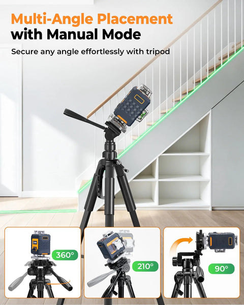 360 Degree Laser Level Self Leveling Kit With 56 Inch Tripod For Construction And Tile, Dual 360 Degree Horizontal And Vertical Planes, 16 Laser Lines Deliver Full Room Coverage, Pro Grade Accuracy One Sixteenth Inch At Sixteen Feet. on tripod in manual mode, angled 360°