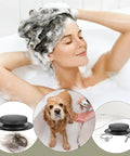Hassle Free Snap Fit Universal Bathtub Drain Stopper, Pop Up Bath Plug With Matte Black Finish, shown in use with dog and hair.