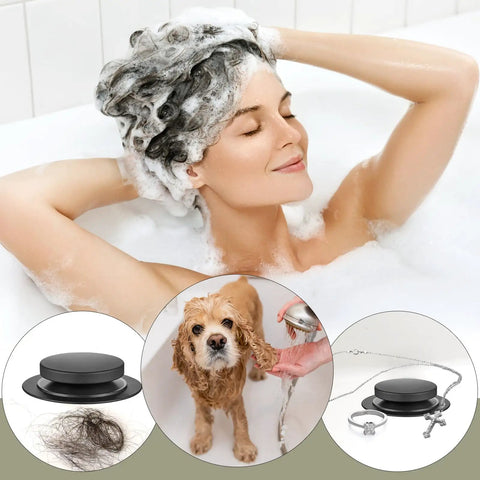Hassle Free Snap Fit Universal Bathtub Drain Stopper, Pop Up Bath Plug With Matte Black Finish, shown in use with dog and hair.