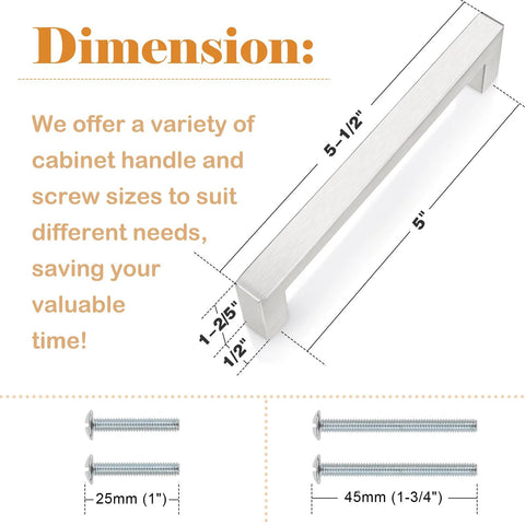 Dimensions diagram of 50 Pack Satin Nickel Stainless Steel Square Bar Cabinet Handles with 5 inch hole centers and screw sizes.