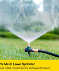 All Metal Lawn Sprinkler System, 2 Pack Auto Yard Sprinklers On Spike Base, Brass Head And Zinc Alloy Body, spraying water