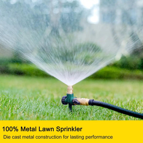 All Metal Lawn Sprinkler System, 2 Pack Auto Yard Sprinklers On Spike Base, Brass Head And Zinc Alloy Body, spraying water