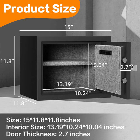 1.2 Cubic Feet Fireproof Safe Box With Digital Keypad Alarm System For Home And Office Use Protecting Money Jewelry Documents And Valuables Removable Shelf Heat Activated Door Seal Fire Resistant 30 Minutes At 1400 Degrees Fahrenheit showing dimensions and open door.