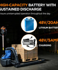 Heavy Duty Full Electric Pallet Jack With Massive 4400 Lbs Capacity And Powerful 48 Volt Lithium Battery showcasing 48V lithium battery and charger.