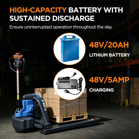 Heavy Duty Full Electric Pallet Jack With Massive 4400 Lbs Capacity And Powerful 48 Volt Lithium Battery showcasing 48V lithium battery and charger.