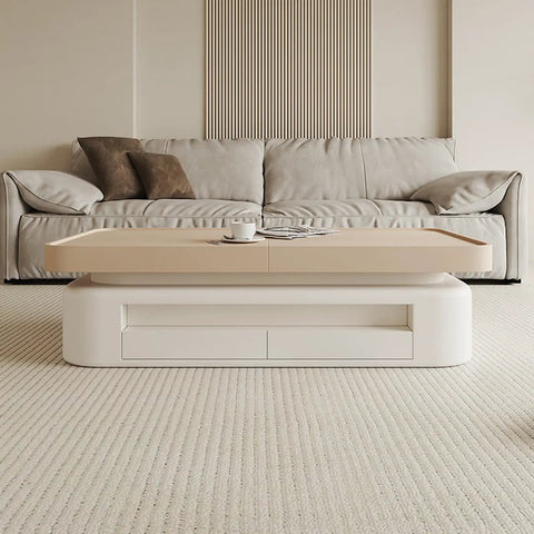 Kick Back On This Sturdy Rustic Coffee Table Featuring Deep Storage Compartments Solid Wood Industrial Centerpiece Real Deal Furnishings For Modern Living Room Setups with beige top and white base.
