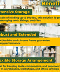 Heavy Duty Chrome Storage Shelving Unit With 18x36x74 Inch Frame And Forty Durable Bins For Badass Tool Organization In Garage Or Commercial Warehouse benefits illustration with extensive storage, robust performance, and flexible arrangement.