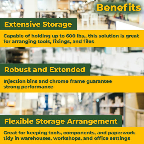 Heavy Duty Chrome Storage Shelving Unit With 18x36x74 Inch Frame And Forty Durable Bins For Badass Tool Organization In Garage Or Commercial Warehouse benefits illustration with extensive storage, robust performance, and flexible arrangement.