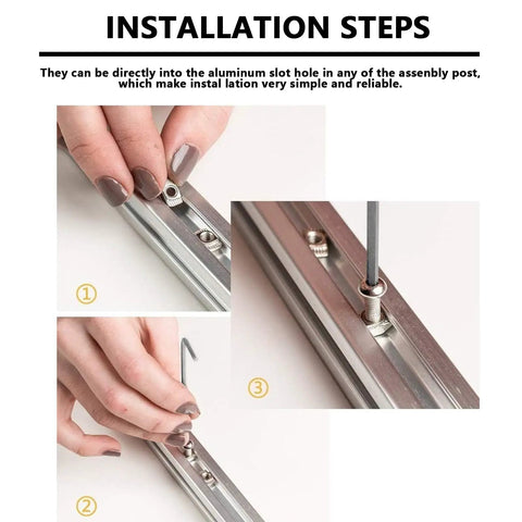 Installation steps for Tough As Nails Hammer Head T Slot Nuts For 2020 Aluminum Extrusion Frames M5 Drop In Fasteners.