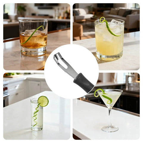 Lemon Zester and Garnish Channel Knife for Cocktails with spiral citrus garnishes in assorted drinks on marble surfaces.