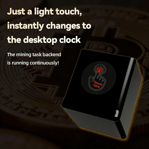 "Upgraded All-In-One Bitcoin Miner And Smart Crypto Clock With 1060 KHs Solo Mining feature, touch to desktop clock, black box design."