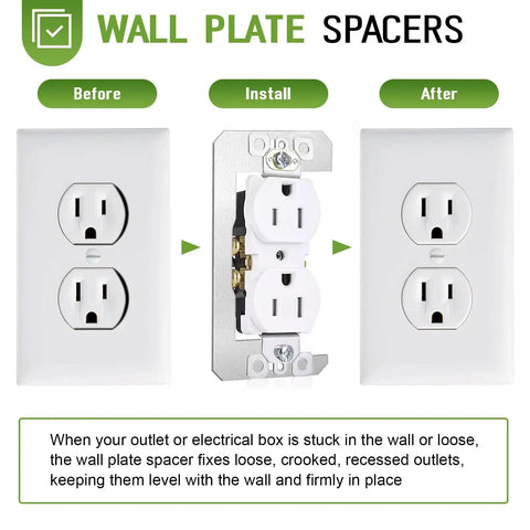 20 Pack Silver Wall Plate Spacers for Switches and Receptacles shown before, during, and after installation to fix loose outlets.