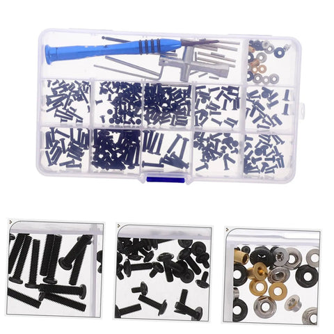 RC Car Screw Kit With Fasteners And Gasket Pro Grade Repair Tools Set For Remote Control Cars, Metric Screw Assortment, Nuts And Bolts, Handy Toolkit That Gets You Set For Easy Maintenance And Quick Upgrades, shown in a compact box with assorted screws, nuts, bolts, and tools.