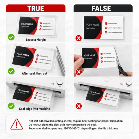 Comparison of correct and incorrect usage of super durable 5 mil business card laminating sheets two hundred pack clear thermal pouches.