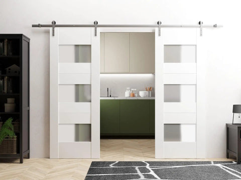 Modern Double Barn Door Kit With 13 Foot Track Rail Heavy Duty Solid Panel Interior Doors 84 By 96 Inches Installed in Room