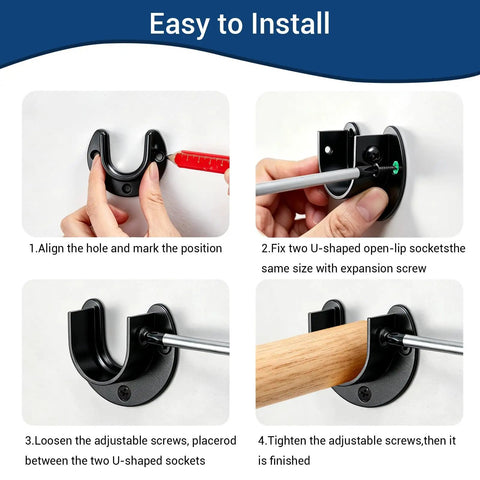 Stainless Steel Closet Rod Holders Set For 1-1/4 Inch Poles, U-Shaped Wall Mount Brackets End Supports, Anti Slip Locking Design, Durable Black Finish, 2 Pack, easy install steps