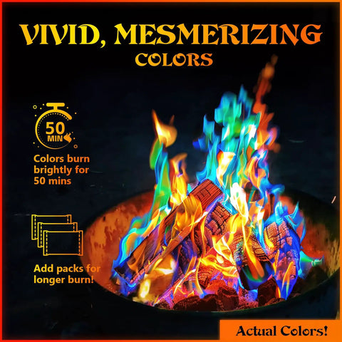 Color Changing Fire Packets For Fire Pit Bonfire And Camping Fun Indoor And Outdoor Flames Safe Self Contained Packets For Kids And Adults 12 Pack Great For Parties And Backyard Gatherings Lit Nights with blue and orange flames in a fire pit.