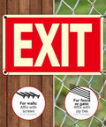Two Pack Glow In The Dark Aluminum Exit Signs 12x7 Inches Photoluminescent Laminated For UV Weather And Fade Resistance Built Tough Easy To Spot Indoors And Outdoors For Office School Warehouse Business Fire Exit Sign mounted on wall and fence