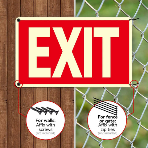 Two Pack Glow In The Dark Aluminum Exit Signs 12x7 Inches Photoluminescent Laminated For UV Weather And Fade Resistance Built Tough Easy To Spot Indoors And Outdoors For Office School Warehouse Business Fire Exit Sign mounted on wall and fence
