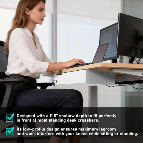 Slick Under Desk Drawer With Lock Sturdy Metal Undermount Storage Slide Tray Organizer For Papers Laptops And Office Gear White 16X11 Point 8 Inch installed under a desk with user typing.