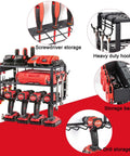 Space Saving 3 Tier Power Tool Organizer Wall Mount For Garage, showing drill holder, screwdriver rack, storage basket, hooks.