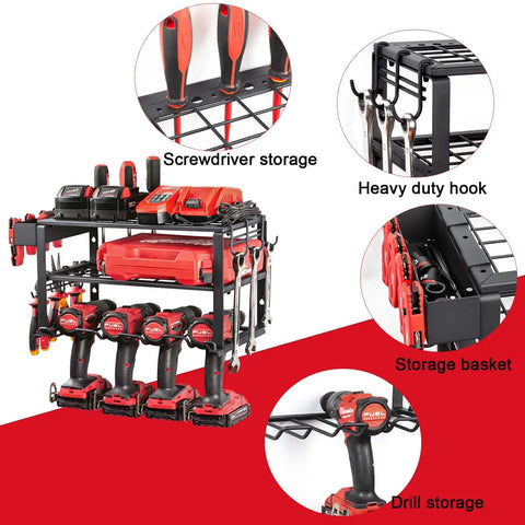 Space Saving 3 Tier Power Tool Organizer Wall Mount For Garage, showing drill holder, screwdriver rack, storage basket, hooks.