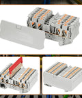 DIN Rail Terminal Block Kit For Quick No-Fuss Wiring With Twin Spring Push-In Connectors And Screwless PT Setup, compact module.