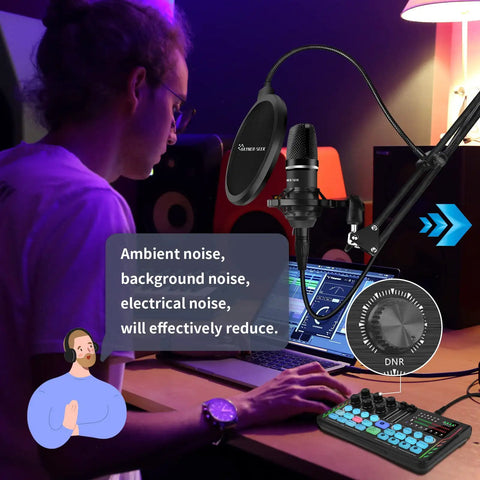 Person using Two Person Podcast Studio Bundle With DJ Mixer And Three Point Five Millimeter Diaphragm Condenser Microphones for recording