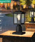 Outdoor Post Light Fixture With Dusk To Dawn Sensor Six Inch Aluminum Lantern With Clear Glass in rain at night